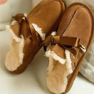 BearPaw Tan Shearling Slippers with Satin Bow